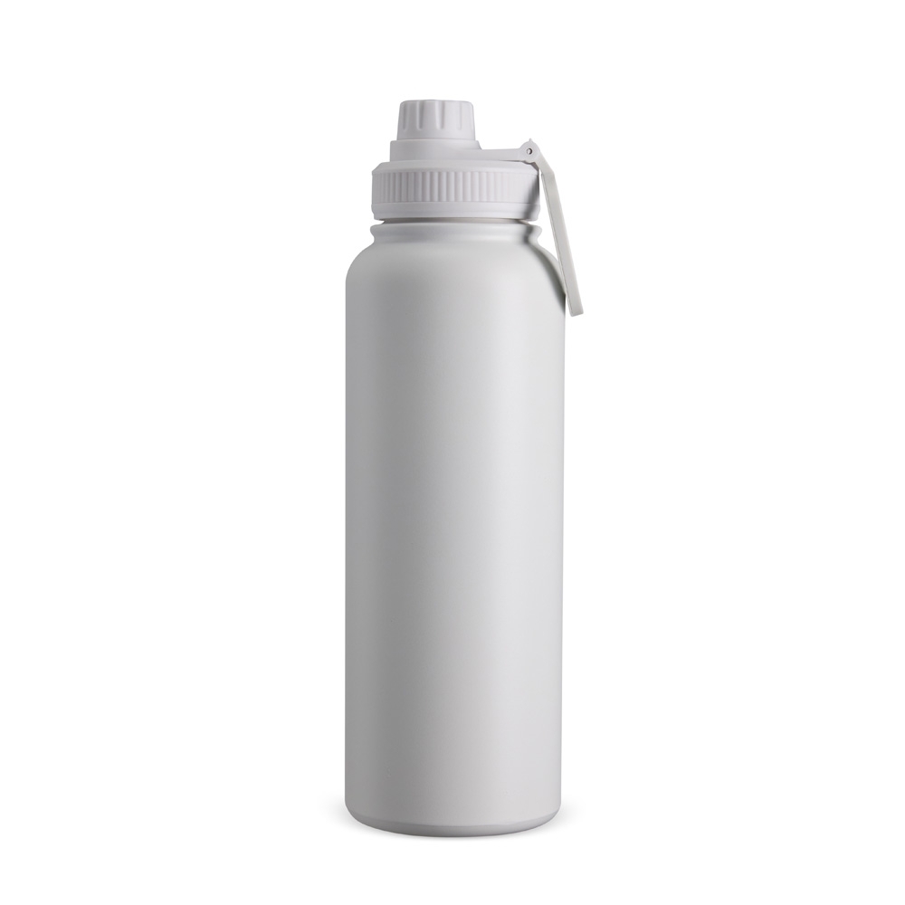 Garrafa térmica 1,2 litro de inox na cor Branco, personalizada com a logo da empresa