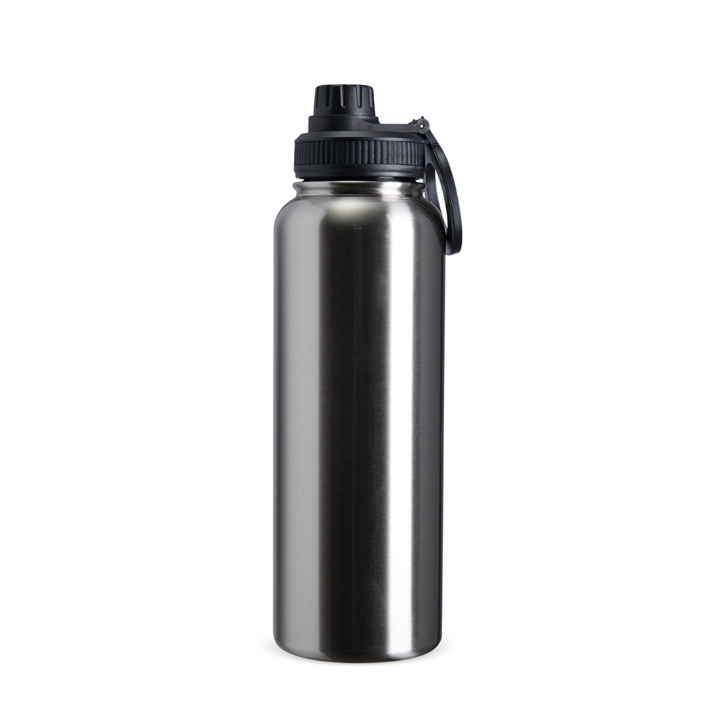 Garrafa térmica 1,2 litro de inox personalizada com a logo da empresa, na cor inox / preto