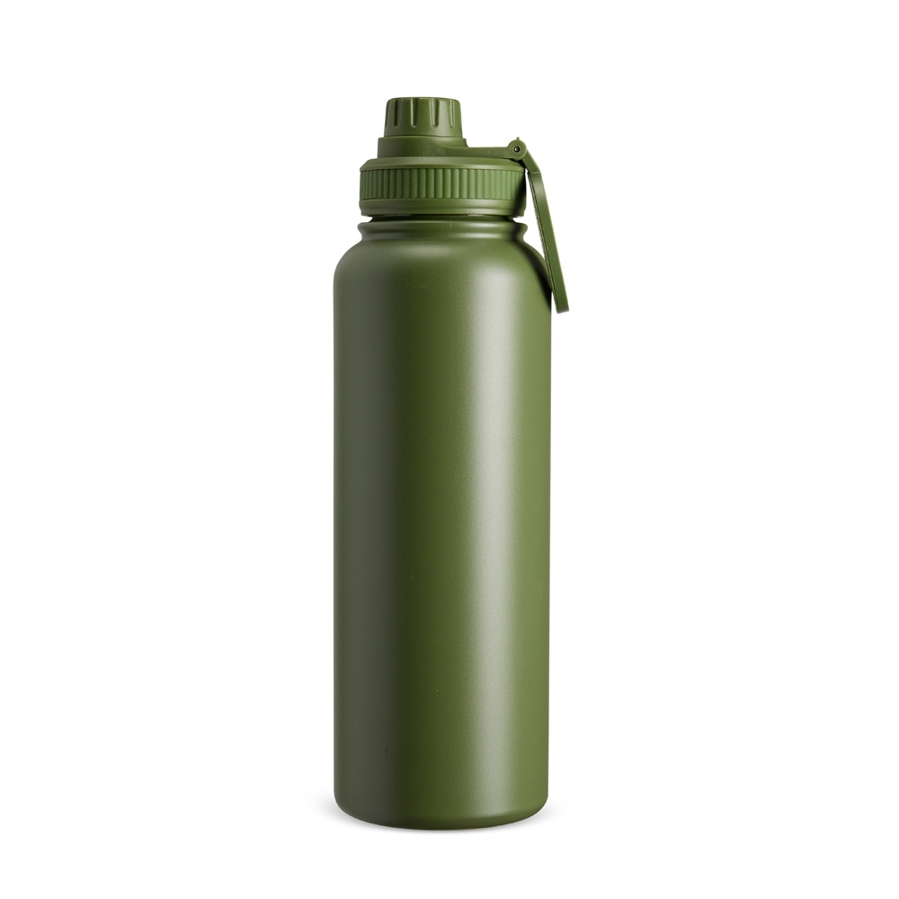 Garrafa térmica 1,2 litro de inox personalizada com a logo da empresa, na cor verde escuro