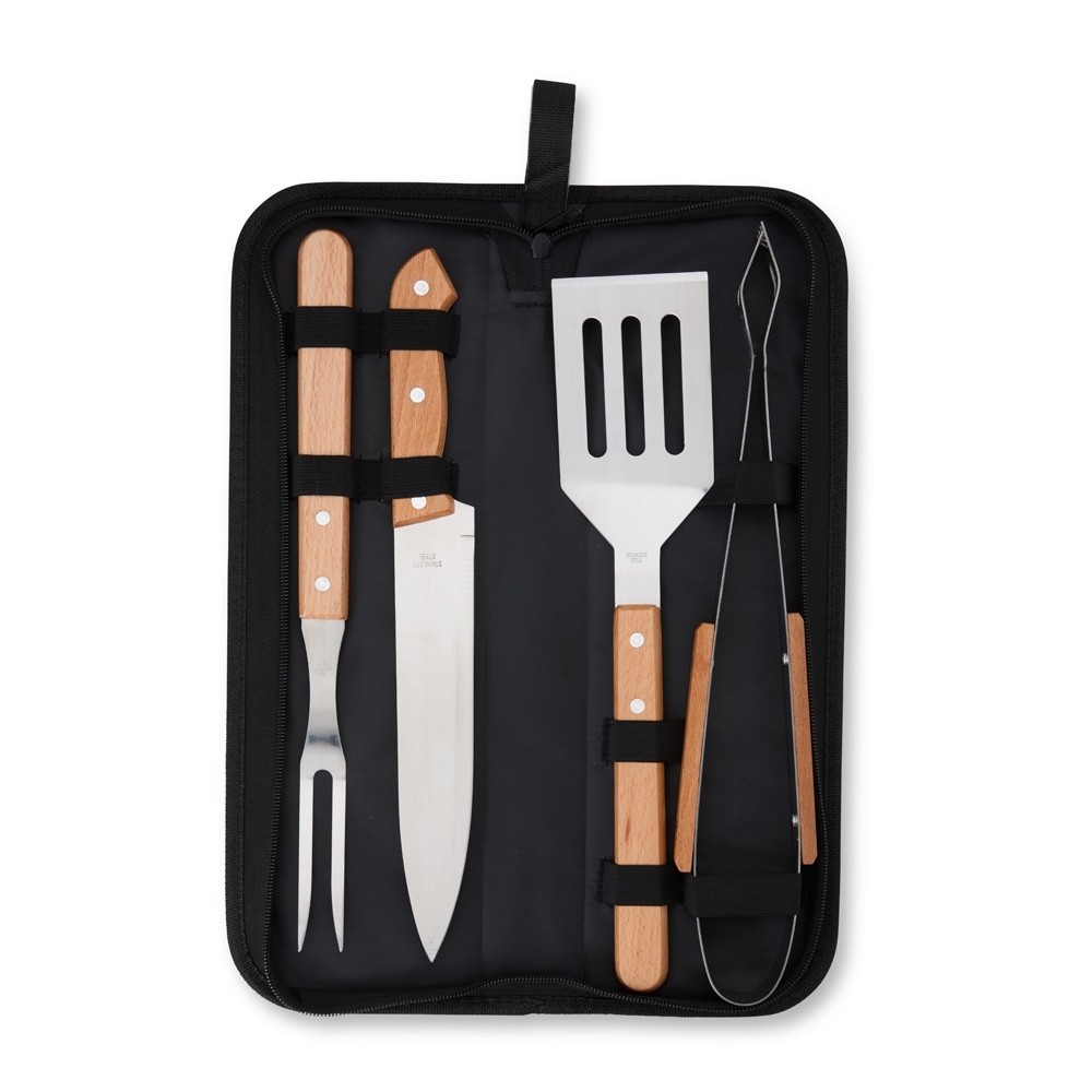 Kit churrasco 4 peças com faca de 7 polegadas em estojo de nylon na cor Preto, personalizado com a logo da empresa