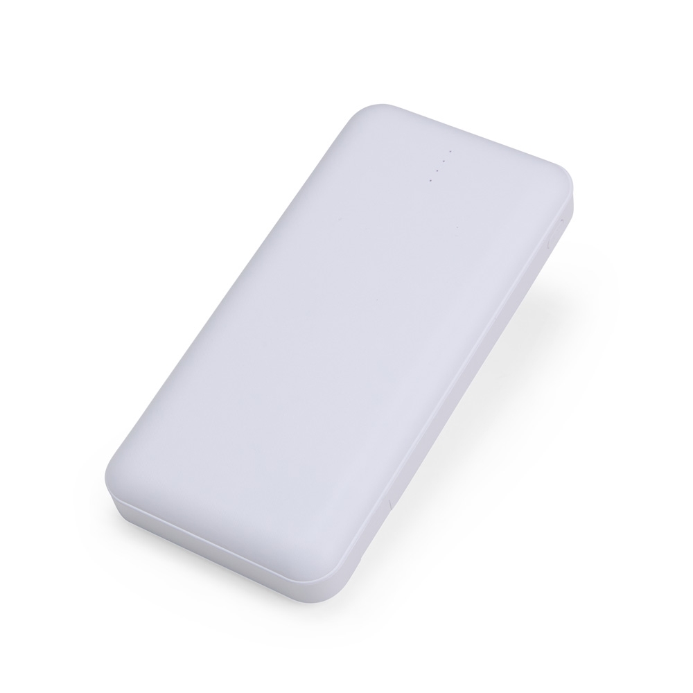 Power bank 10.000 mAh multissaídas personalizado com a logo da empresa, na cor branco