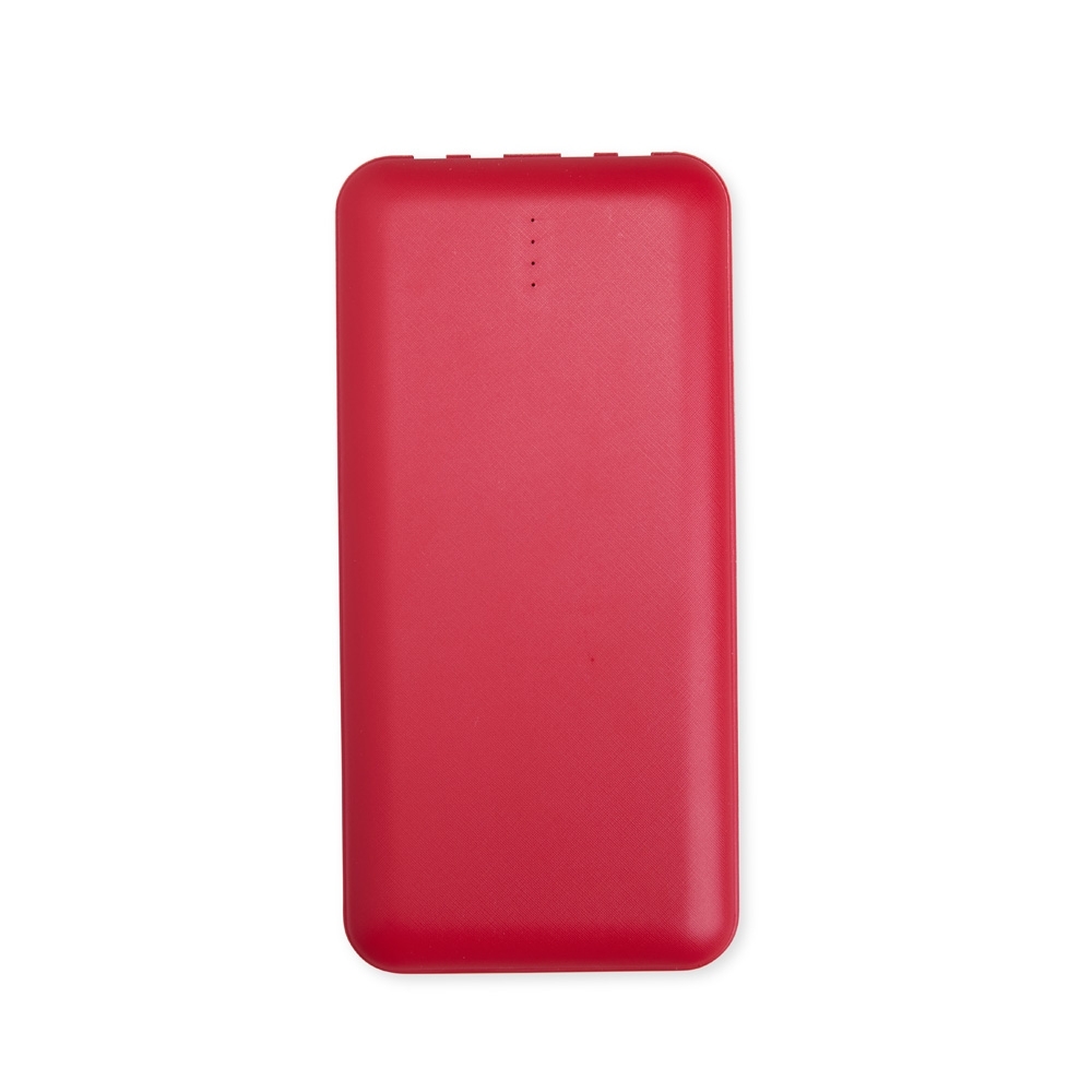 Power bank 10.000 mAh multissaídas personalizado com a logo da empresa, na cor vermelho