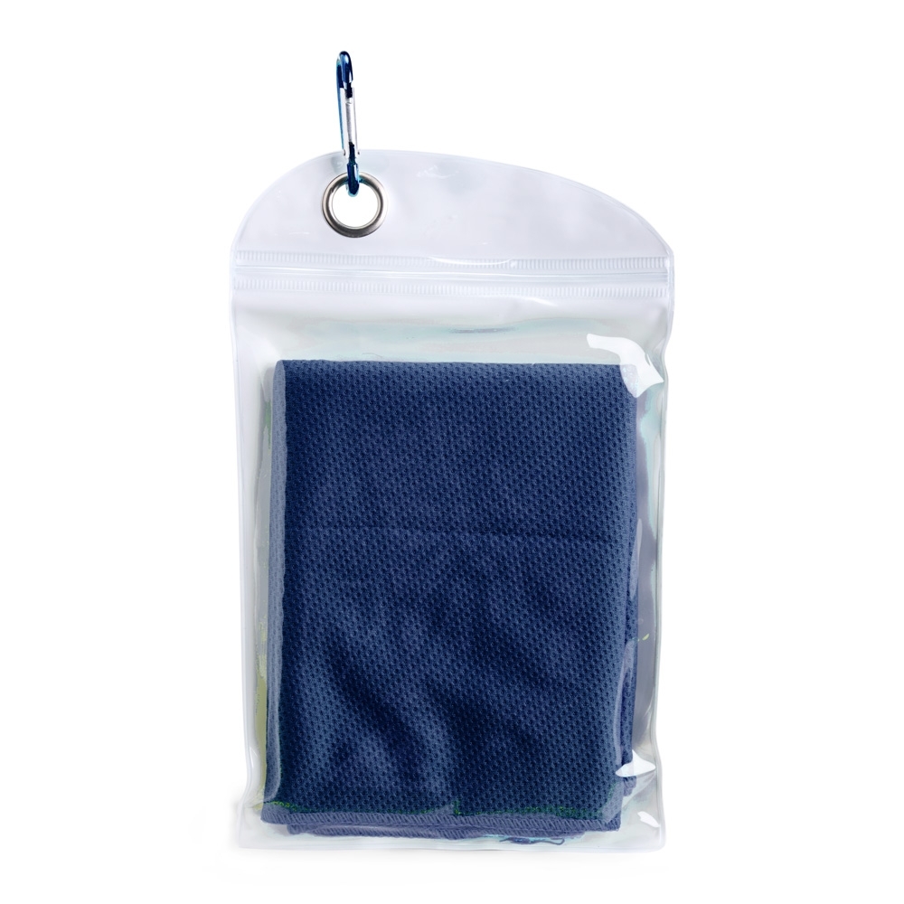 Toalha esportiva refrescante de elastano personalizada com a logo da empresa, na cor azul escuro