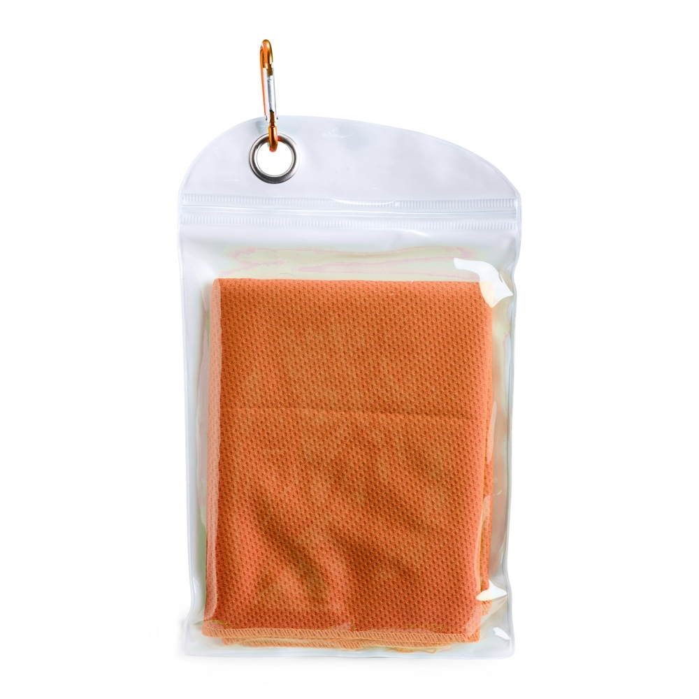 Toalha esportiva refrescante de elastano personalizada com a logo da empresa, na cor laranja