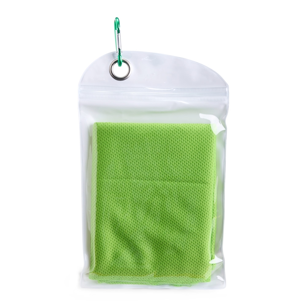 Toalha esportiva refrescante de elastano personalizada com a logo da empresa, na cor verde