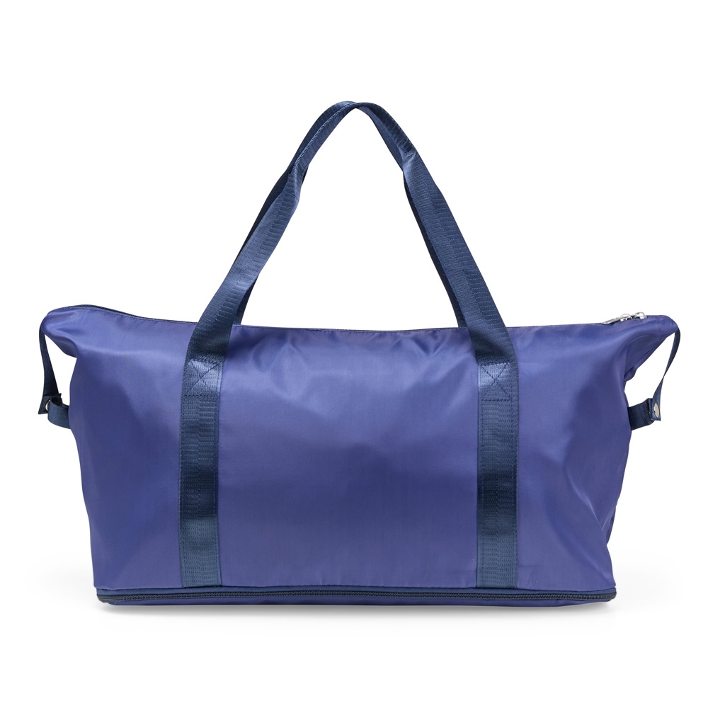 Bolsa esportiva poliéster 33 litros impermeável personalizada com a logo da empresa, na cor azul escuro