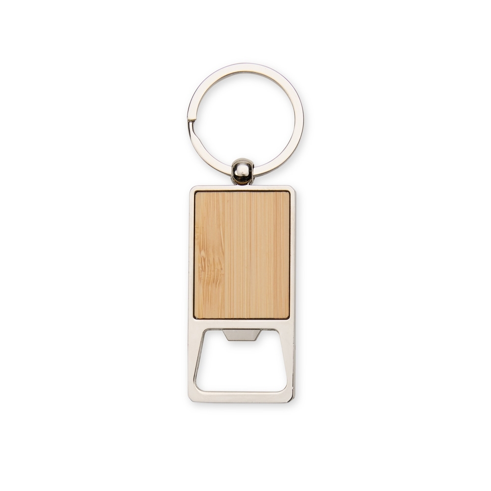 Chaveiro de metal abridor retangular na cor Bambu, personalizado com a logo da empresa