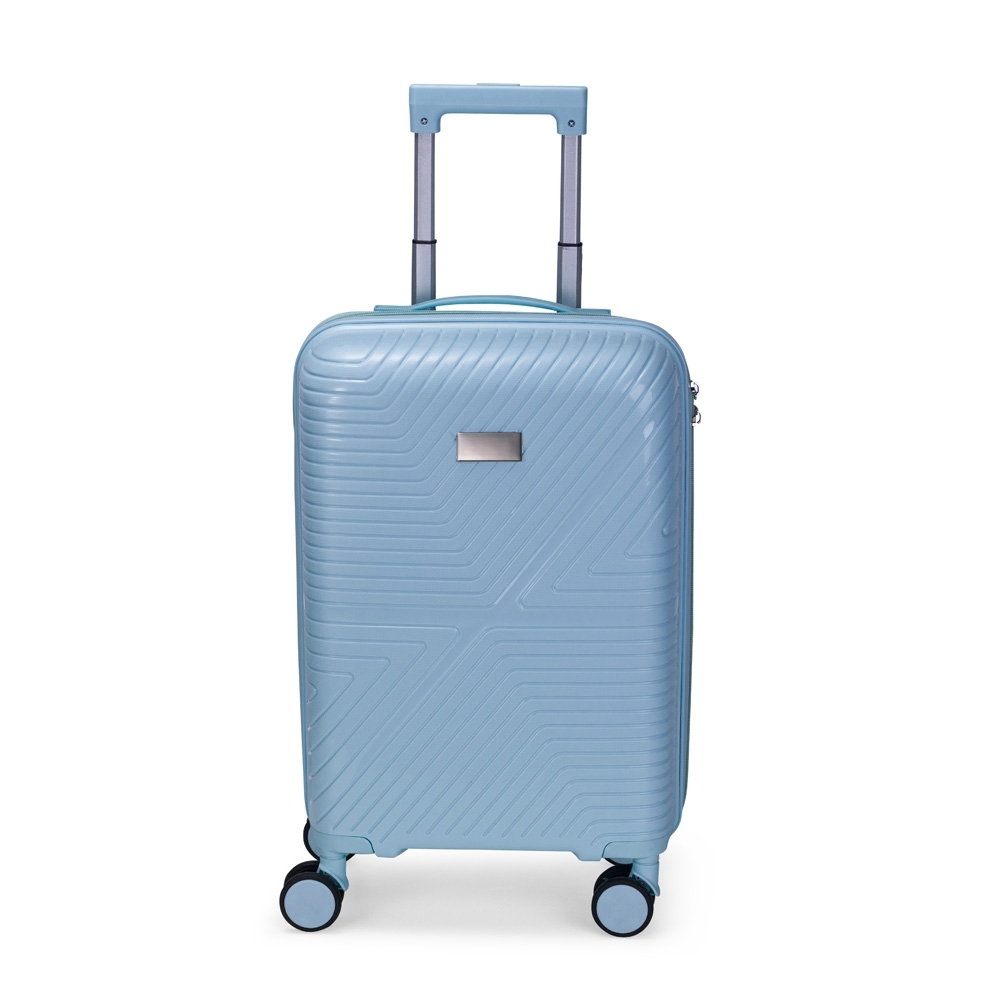 Mala de viagem 30 litros de plástico na cor Azul claro, personalizada com a logo da empresa