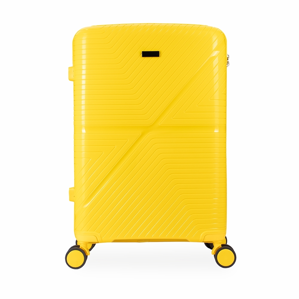Mala de viagem 67 litros de plástico com divisórias na cor Amarelo, personalizada com a logo da empresa