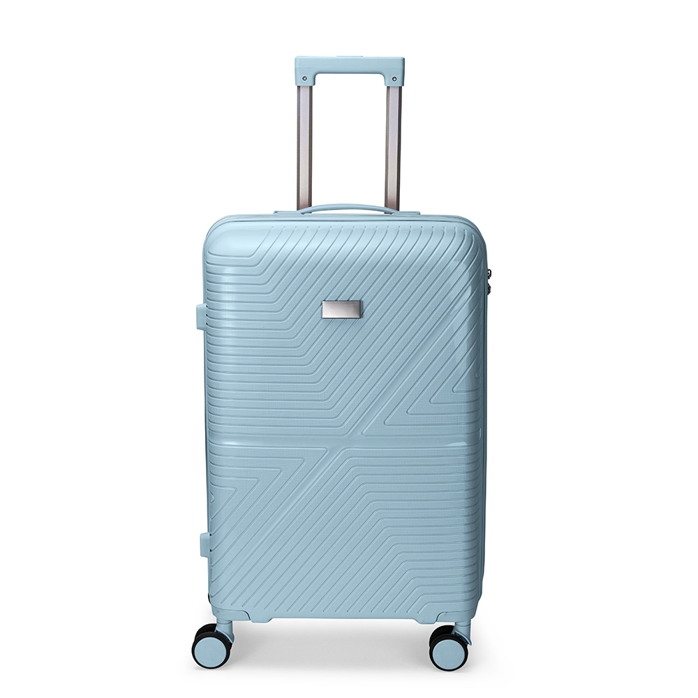 Mala de viagem 54 litros de plástico na cor Azul claro, personalizada com a logo da empresa