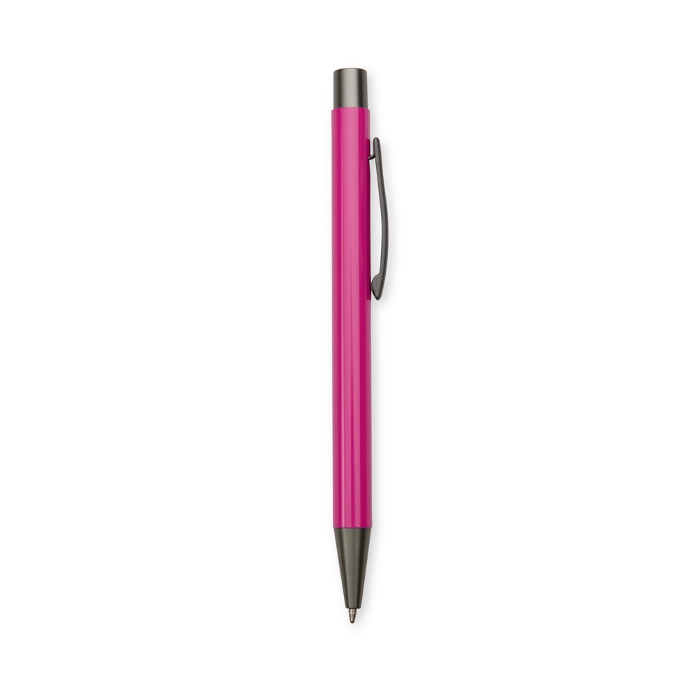 Caneta de metal fosca com clipe e ponteira em tom grafite personalizada com a logo da empresa, na cor rosa / chumbo