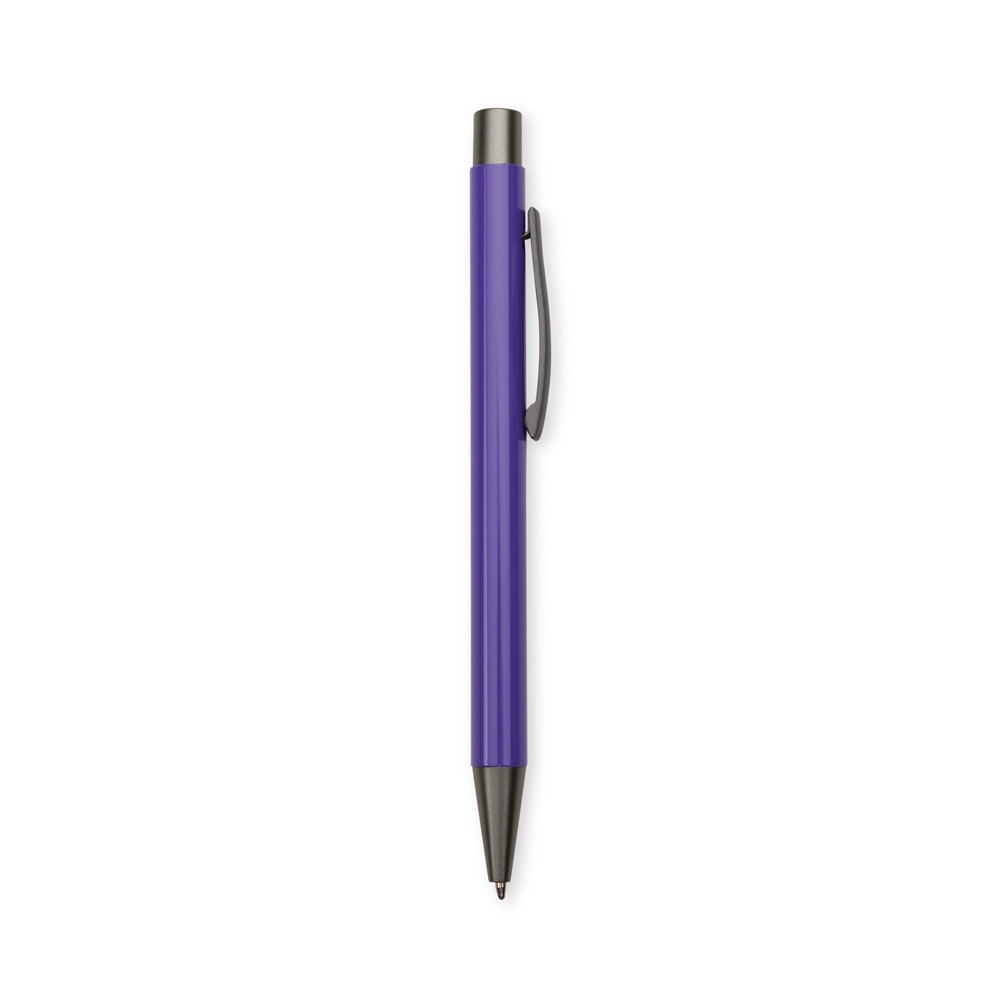 Caneta de metal fosca com clipe e ponteira em tom grafite personalizada com a logo da empresa, na cor roxo / chumbo