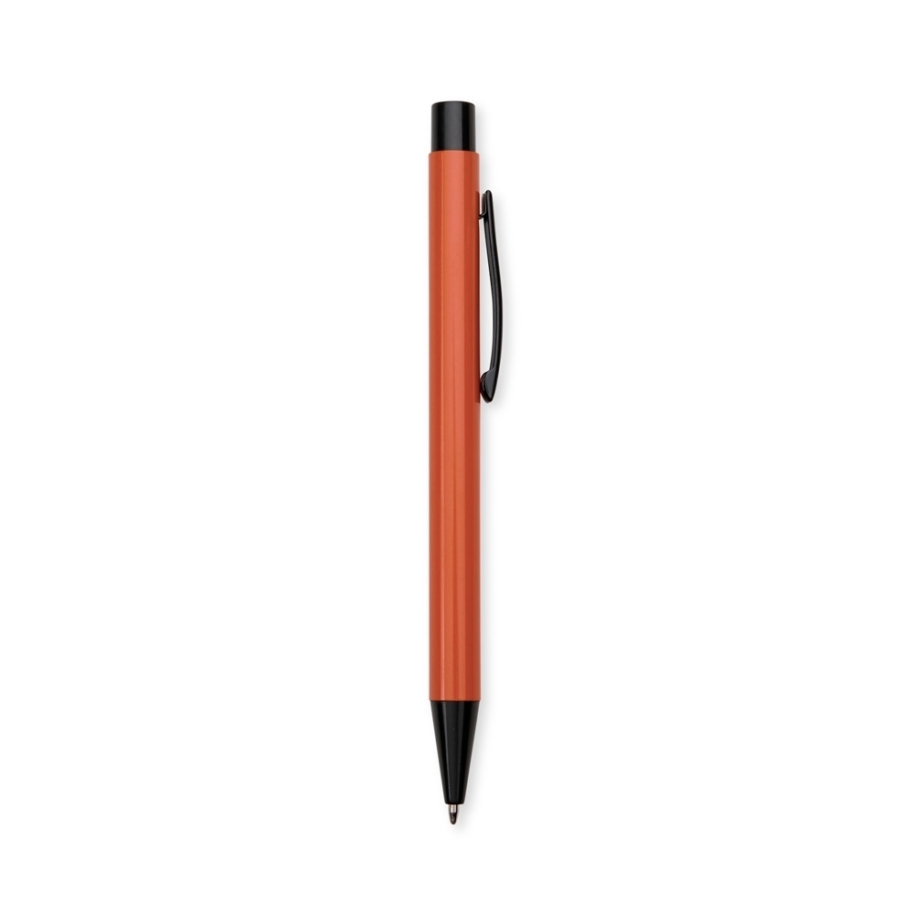 Caneta de metal fosca com clipe e ponteira pretos personalizada com a logo da empresa, na cor laranja / preto