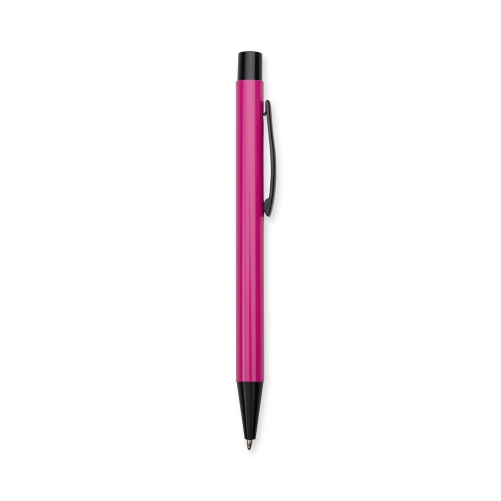 Caneta de metal fosca com clipe e ponteira pretos personalizada com a logo da empresa, na cor rosa / preto