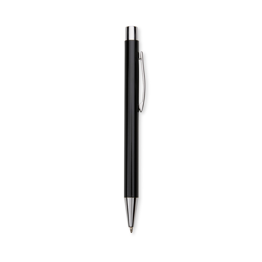 Caneta de metal fosca com ponteira e botão cromados na cor Preto, personalizada com a logo da empresa