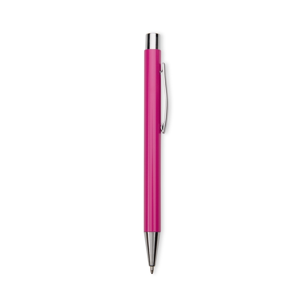 Caneta de metal fosca com ponteira e botão cromados personalizada com a logo da empresa, na cor rosa