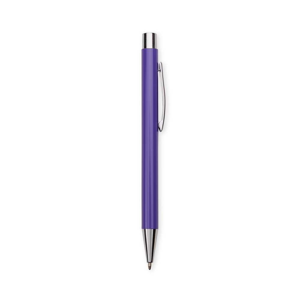 Caneta de metal fosca com ponteira e botão cromados personalizada com a logo da empresa, na cor roxo