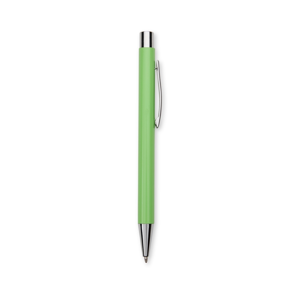 Caneta de metal fosca com ponteira e botão cromados personalizada com a logo da empresa, na cor verde claro
