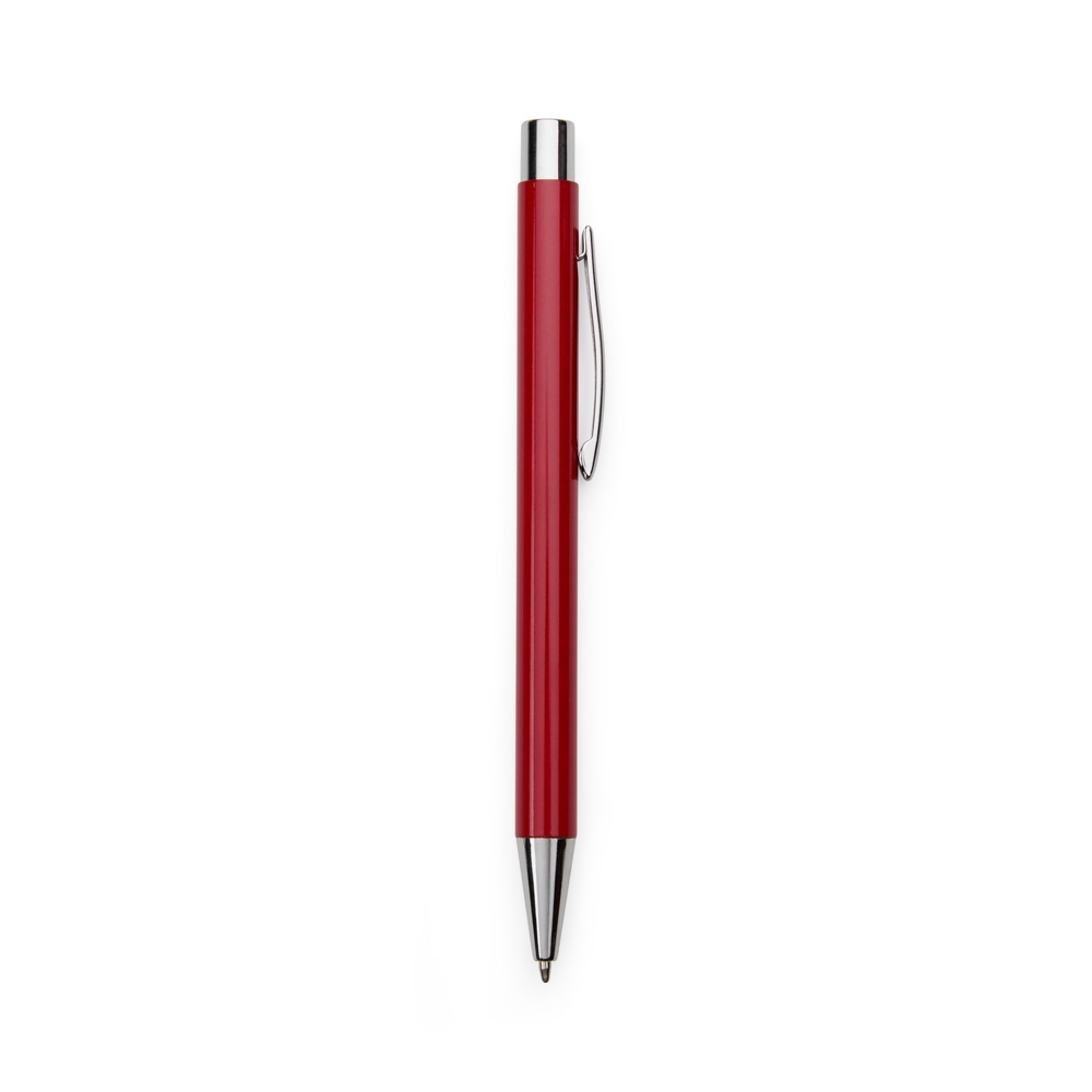 Caneta de metal fosca com ponteira e botão cromados personalizada com a logo da empresa, na cor vermelho