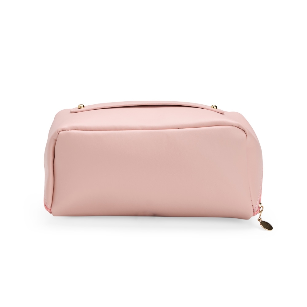 Nécessaire PU impermeável com abertura 180° (11 x 22,5 x 9,5 cm) personalizada com a logo da empresa, na cor rosa