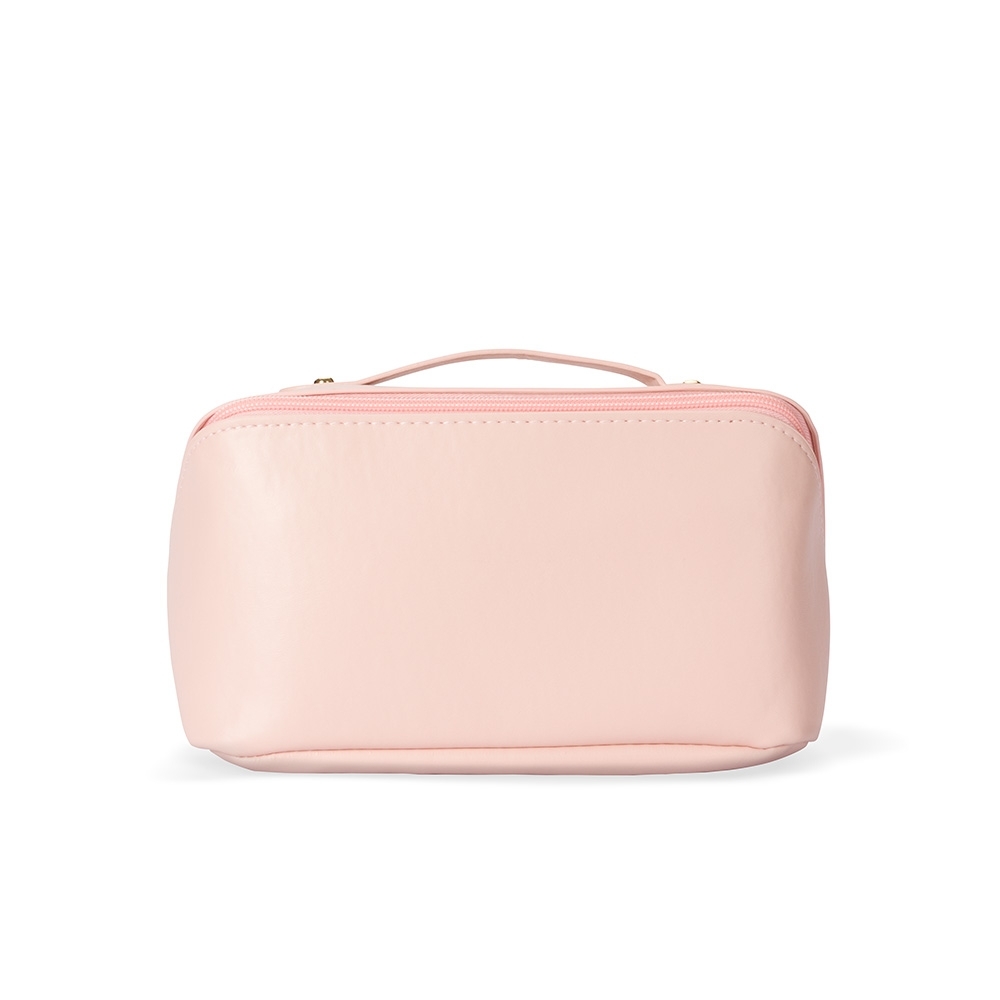 Nécessaire PU impermeável com abertura 180° (13 x 23 x 12 cm) personalizada com a logo da empresa, na cor rosa