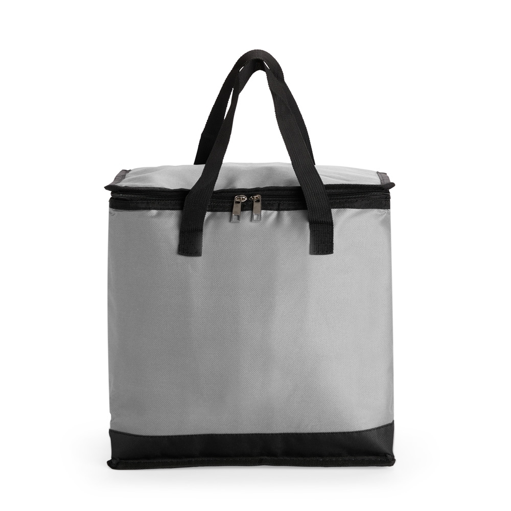 Bolsa térmica 27 litros personalizada com a logo da empresa, na cor cinza