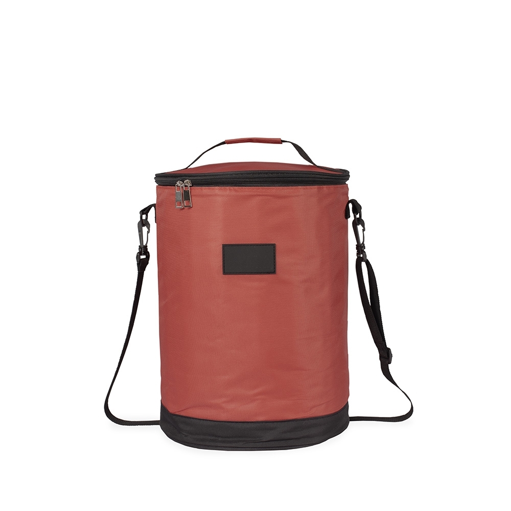 Bolsa térmica 25 litros na cor Vermelho / Preto, personalizada com a logo da empresa