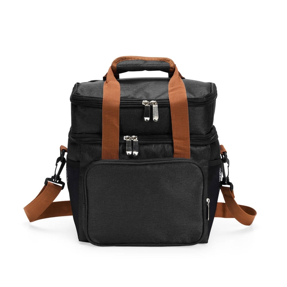 Bolsa térmica dupla 15 litros de poliéster com 2 compartimentos na cor Preto, personalizada com a logo da empresa