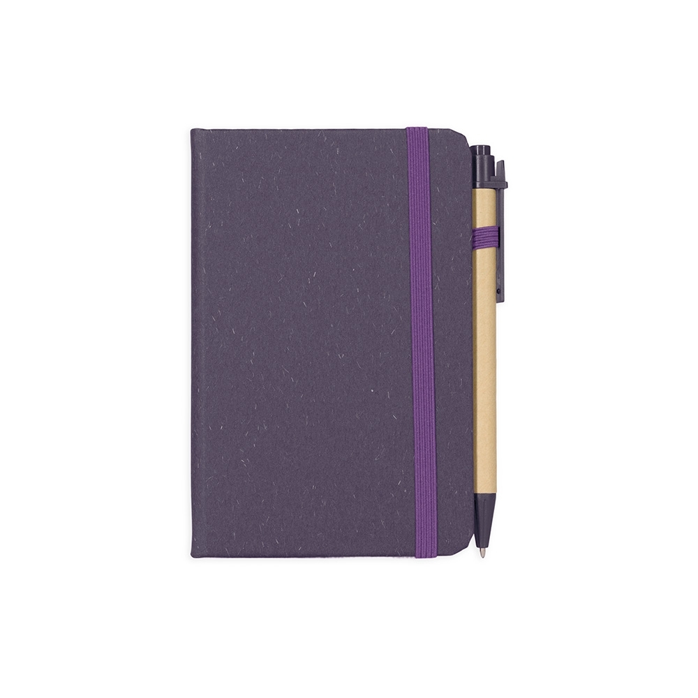 Caderneta palha de trigo com caneta e capa dura personalizada com a logo da empresa, na cor roxo