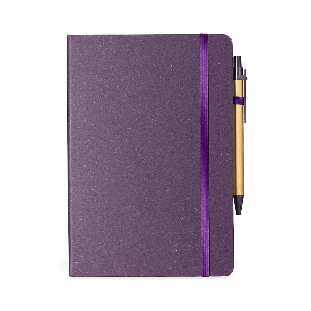 Caderneta fibra de arroz com caneta e 80 folhas personalizada com a logo da empresa, na cor roxo