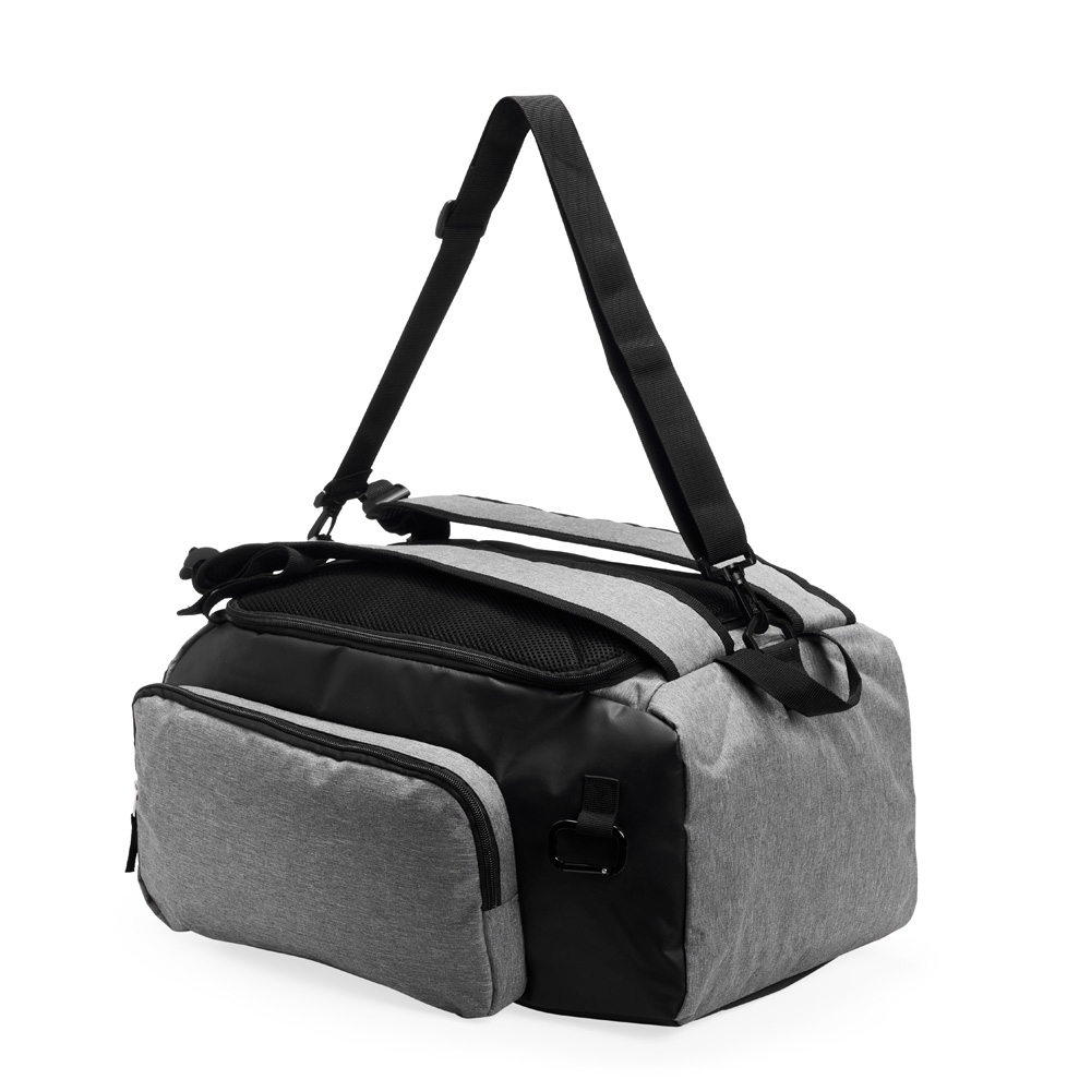 Bolsa esportiva poliéster 40 litros para notebook com 3 compartimentos na cor Cinza / Preto, personalizada com a logo da empresa