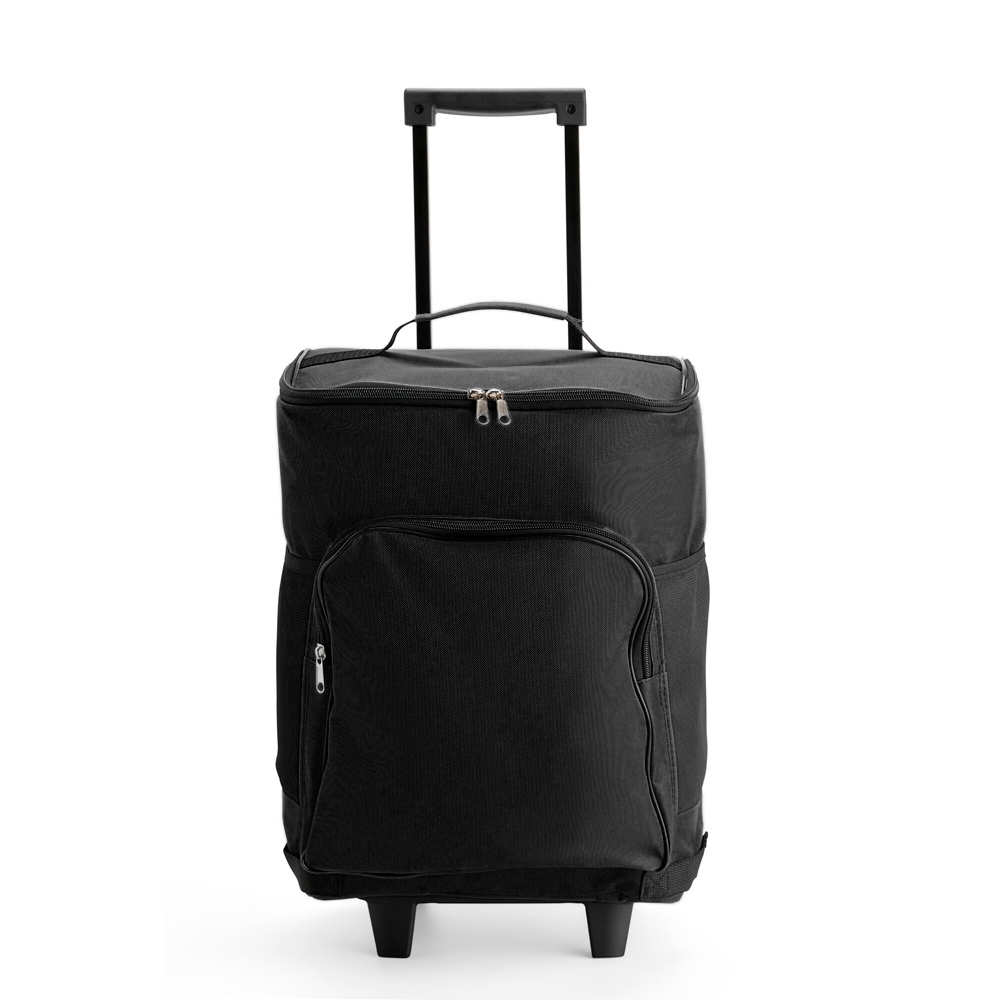 Bolsa térmica 30 litros de poliéster impermeável com rodinhas na cor Preto, personalizada com a logo da empresa