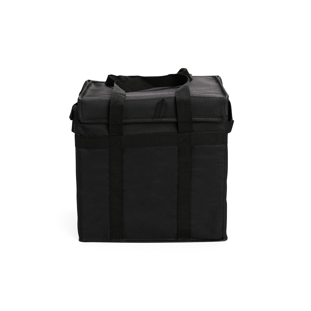 Bolsa térmica 35 litros de tecido oxford impermeável na cor Preto, personalizada com a logo da empresa