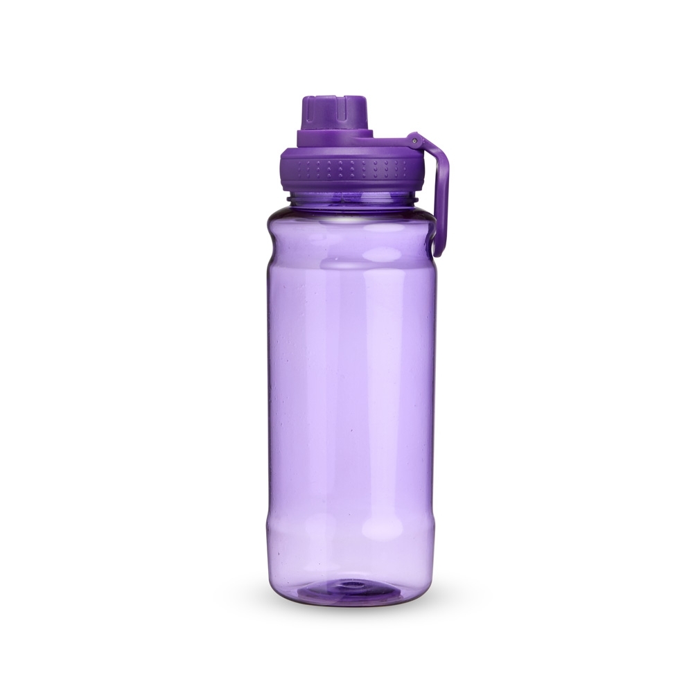 Garrafa plástica 800 ml com alça personalizada com a logo da empresa, na cor roxo