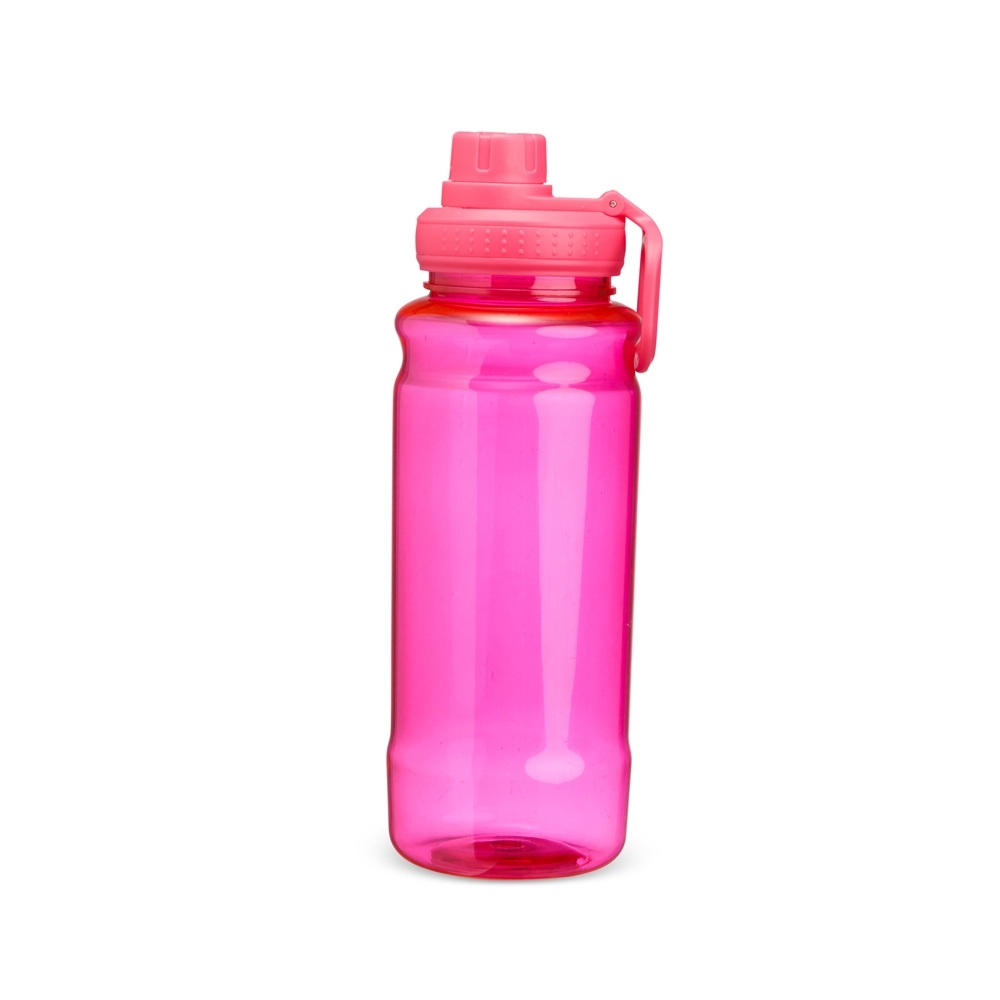 Garrafa plástica 800 ml com alça personalizada com a logo da empresa, na cor rosa escuro