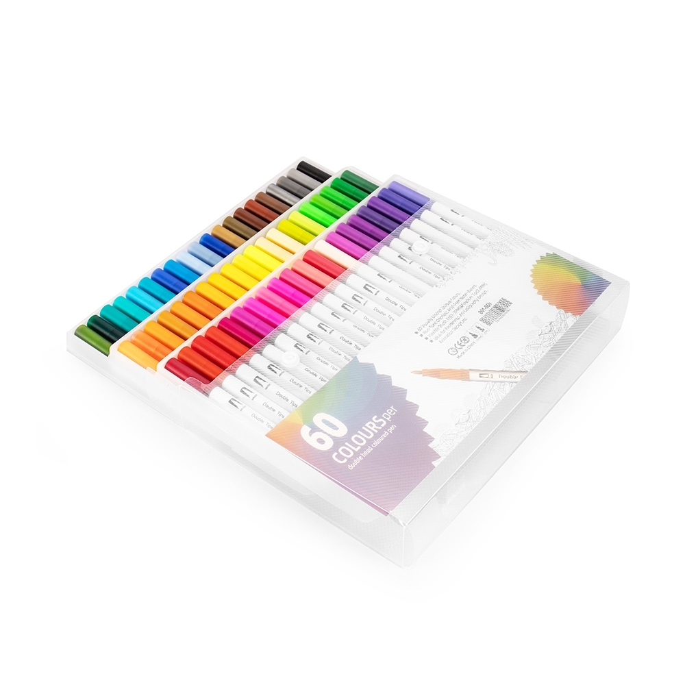 Kit canetinhas ponta dupla com 60 cores na cor Colorido, personalizado com a logo da empresa