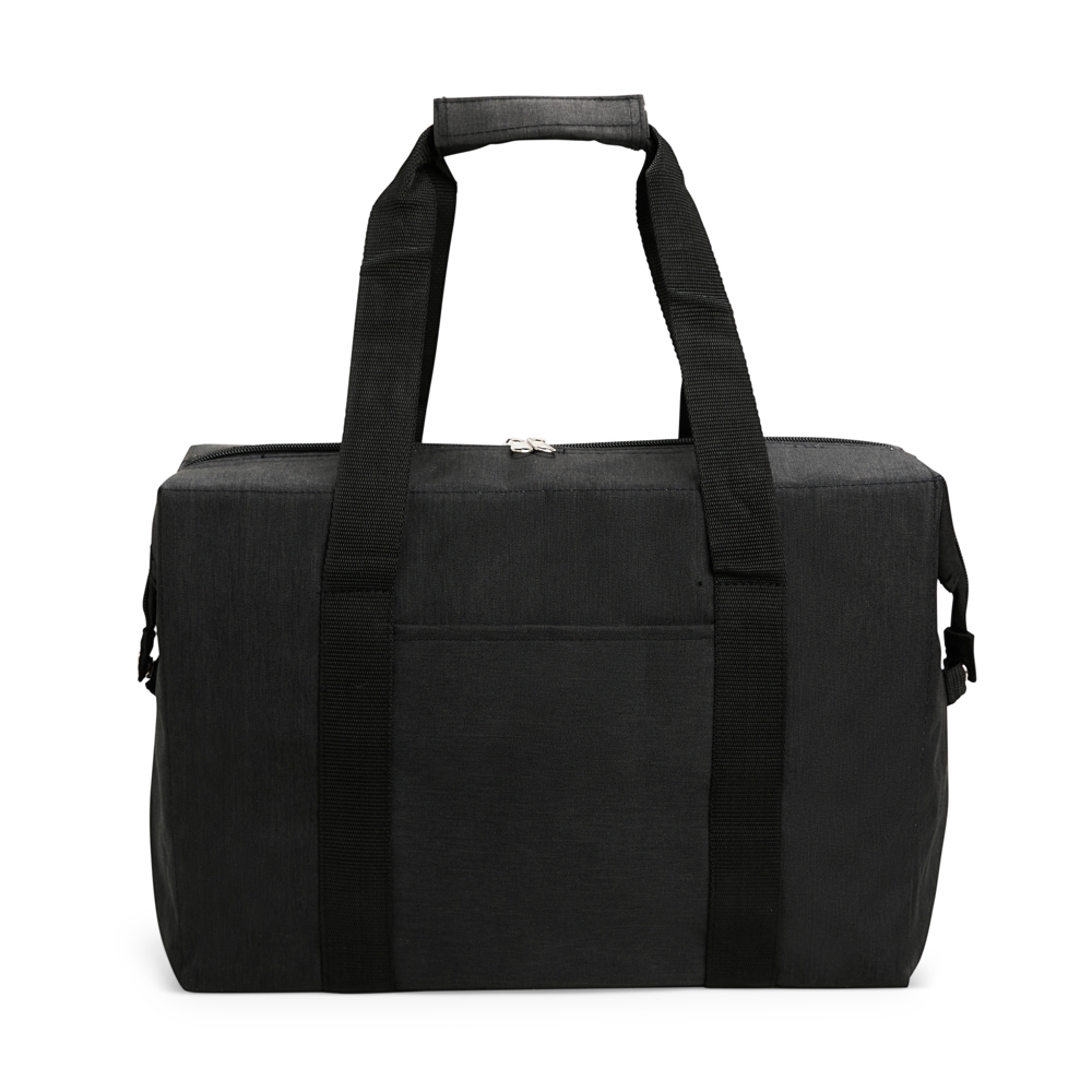 Bolsa térmica 25 litros de tecido oxford impermeável na cor Preto, personalizada com a logo da empresa