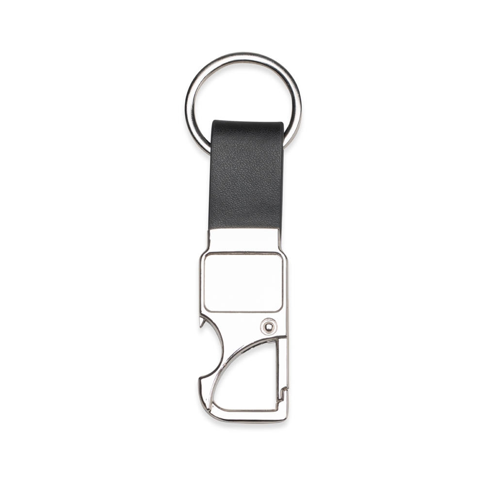 Chaveiro de metal com mosquetão, abridor e plaquinha de aço escovado personalizado com a logo da empresa