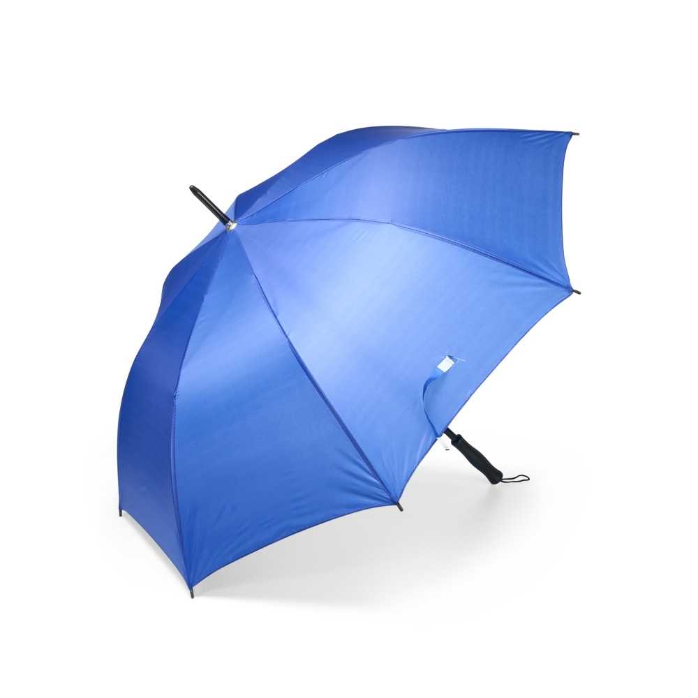 Guarda-chuva automático com 8 varetas e alça de nylon personalizado com a logo da empresa, na cor azul escuro