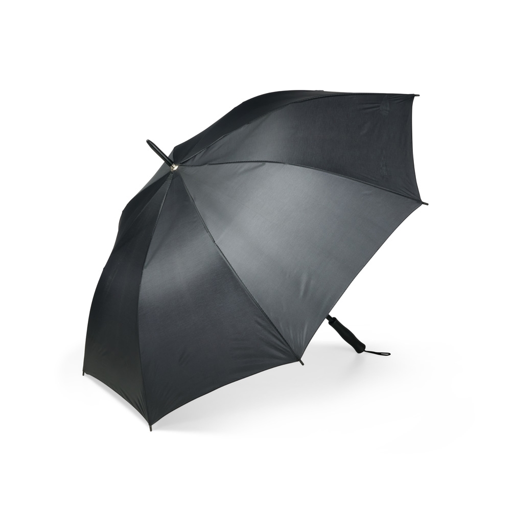 Guarda-chuva automático com 8 varetas e alça de nylon na cor Preto, personalizado com a logo da empresa