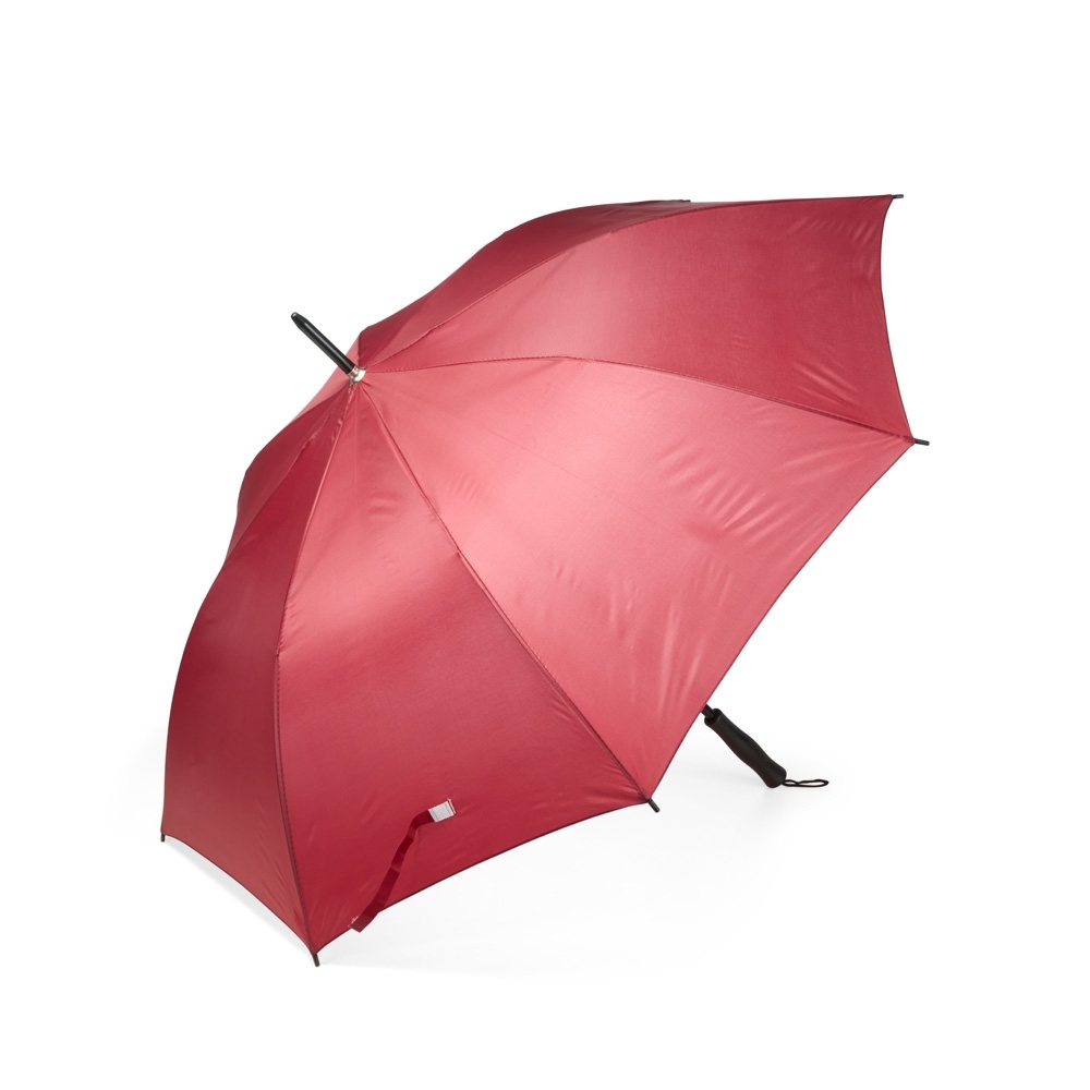 Guarda-chuva automático com 8 varetas e alça de nylon personalizado com a logo da empresa, na cor vinho