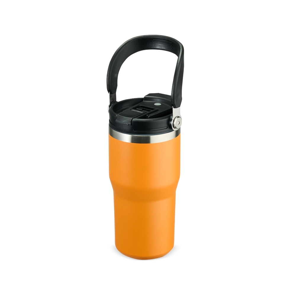 Copo térmico 600 ml de inox personalizado com a logo da empresa, na cor laranja / inox