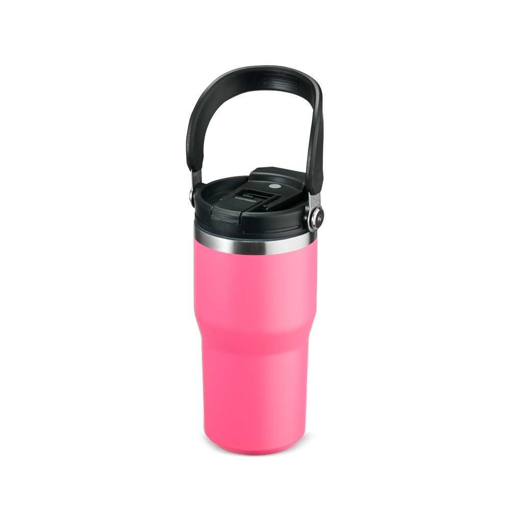 Copo térmico 600 ml de inox personalizado com a logo da empresa, na cor pink / inox