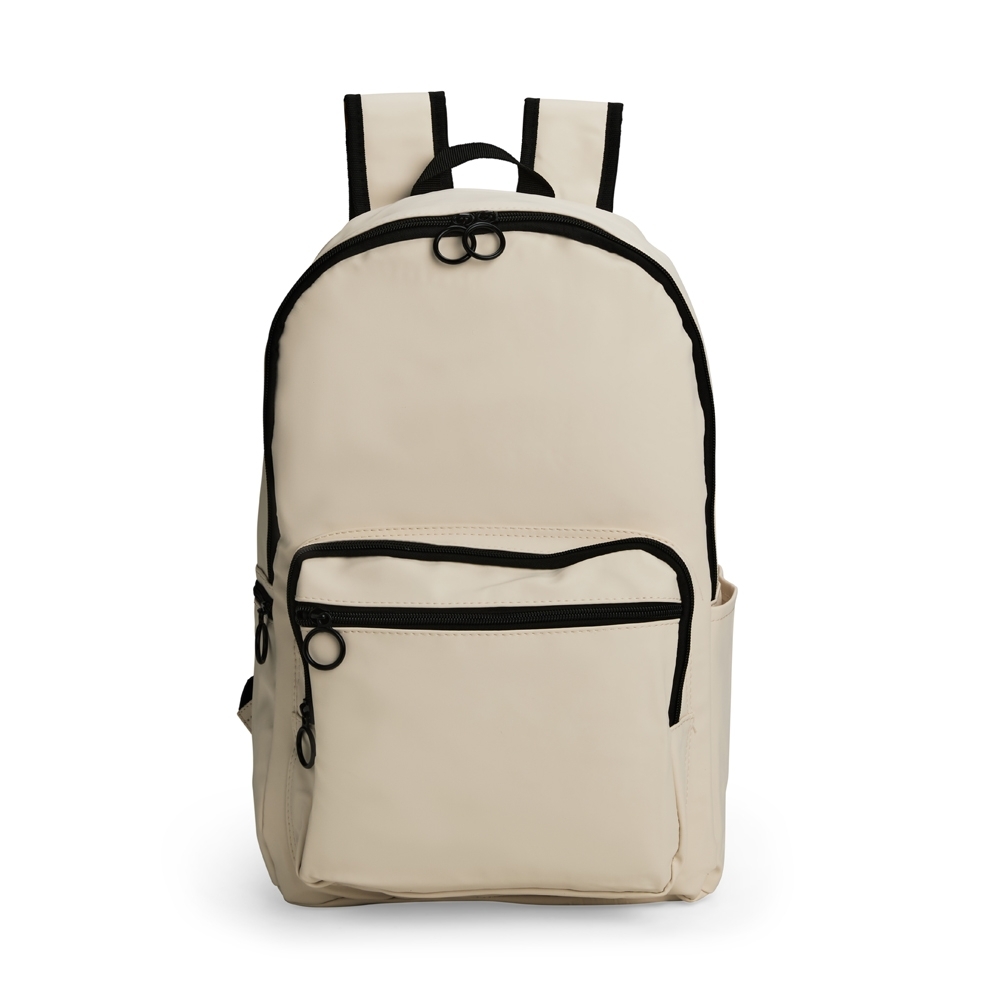 Mochila de couro sintético 23 litros impermeável com divisórias personalizada com a logo da empresa, na cor creme