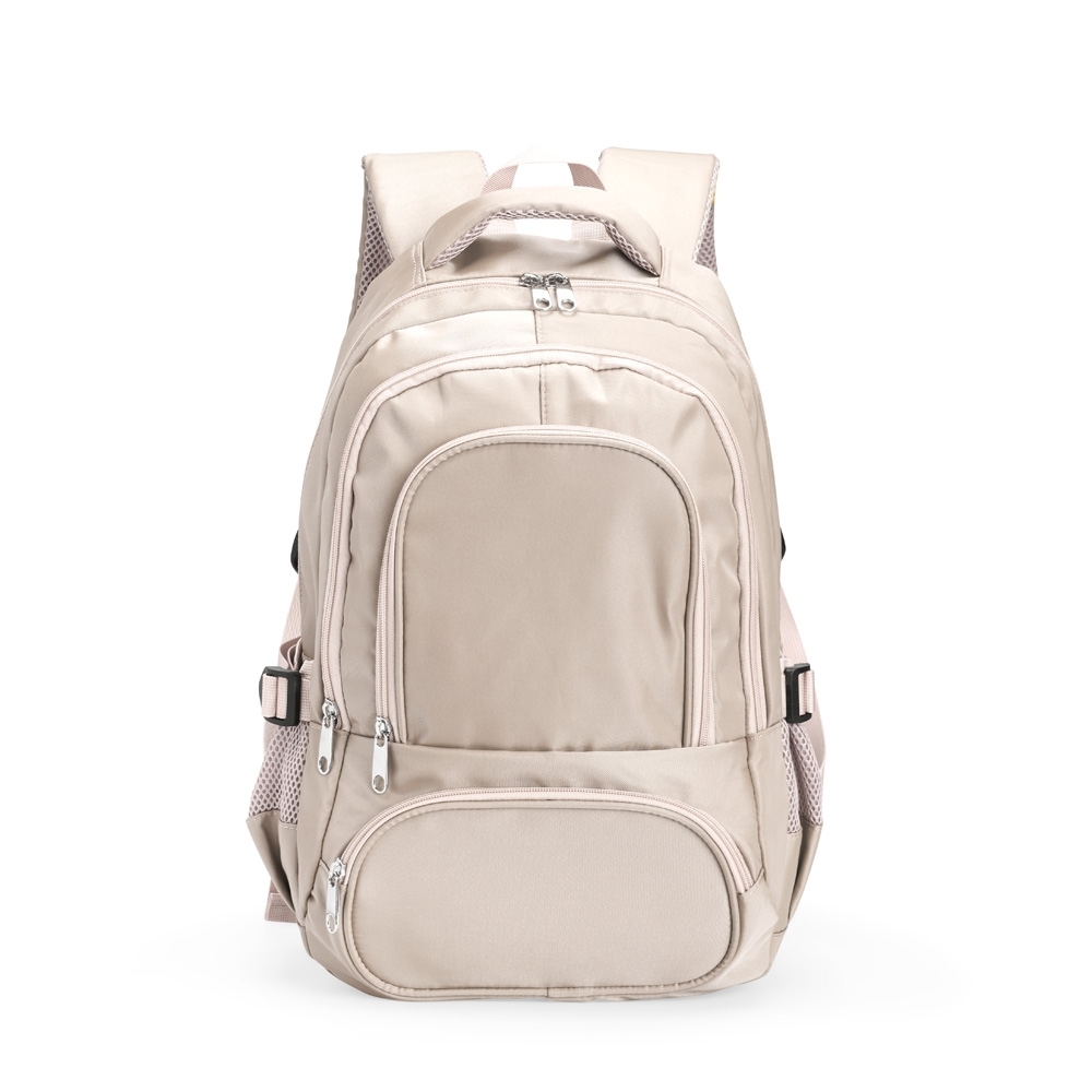 Mochila de poliéster 17 litros impermeável com divisórias personalizada com a logo da empresa, na cor creme