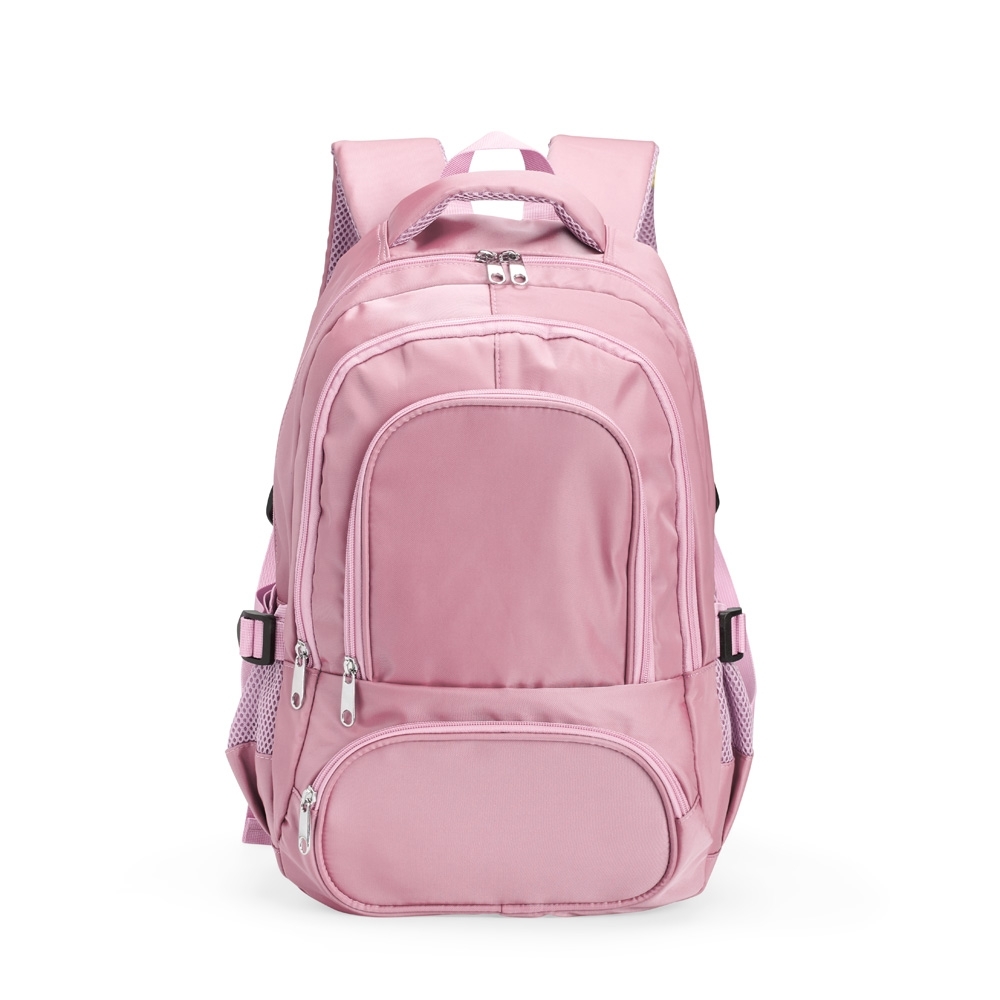 Mochila de poliéster 17 litros impermeável com divisórias personalizada com a logo da empresa, na cor rosa