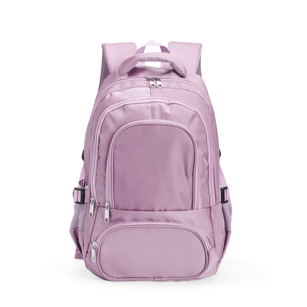 Mochila de poliéster 17 litros impermeável com divisórias personalizada com a logo da empresa, na cor roxo