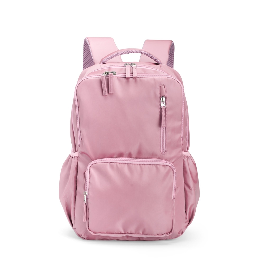 Mochila de poliéster 23 litros impermeável com divisórias personalizada com a logo da empresa, na cor rosa