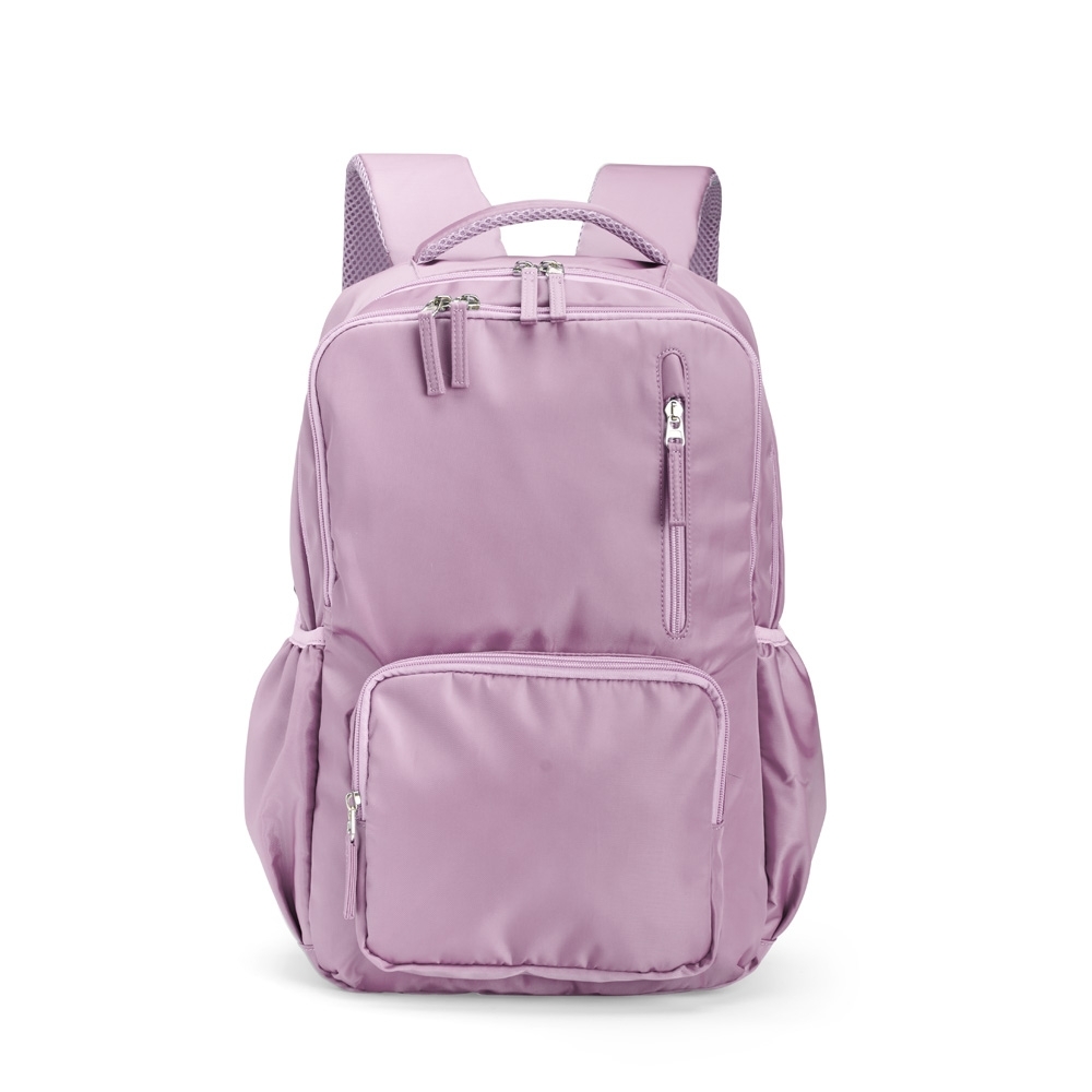 Mochila de poliéster 23 litros impermeável com divisórias personalizada com a logo da empresa, na cor roxo
