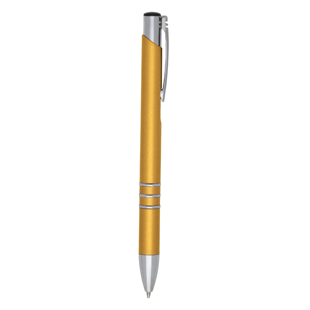 Caneta plástica metalizada com clipe cromado e três anéis personalizada com a logo da empresa, na cor dourado